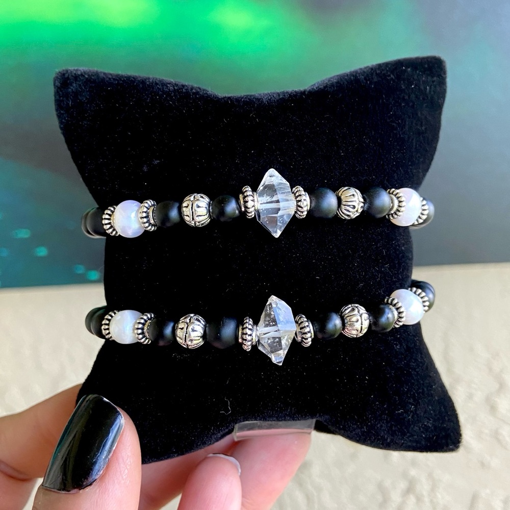 Herkimer diamonds onyx & pearls set bracelets (2)